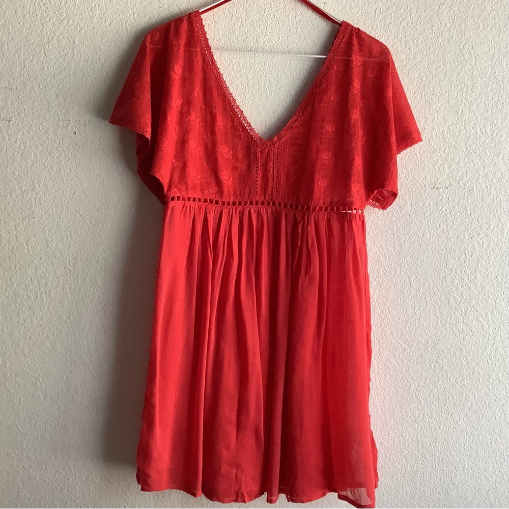 NWOT Free People Mini Dress Babydoll Tunic Sz XS Red Gauze Crochet Lace SRP $148